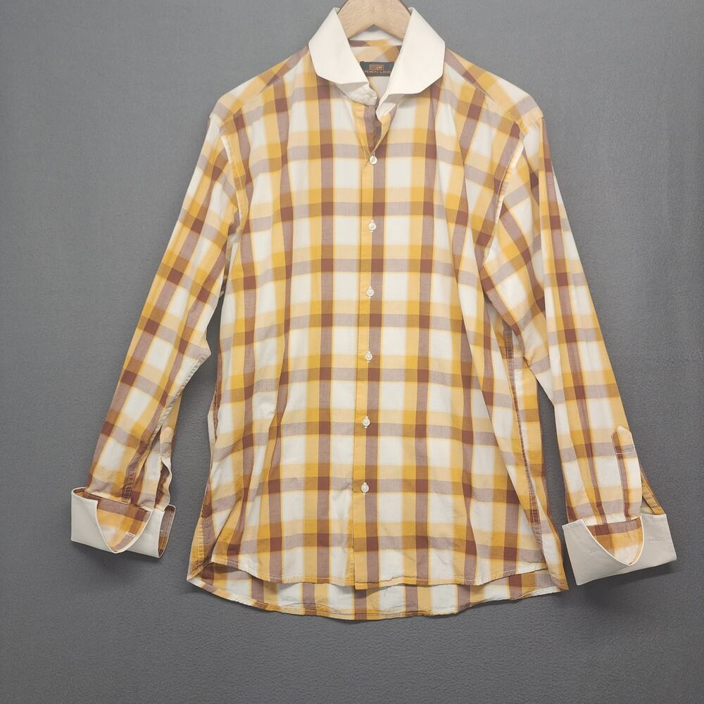 Steven Land Mens Button Down Shirt Large Yellow Plaid Long Sleeve French Cuffs